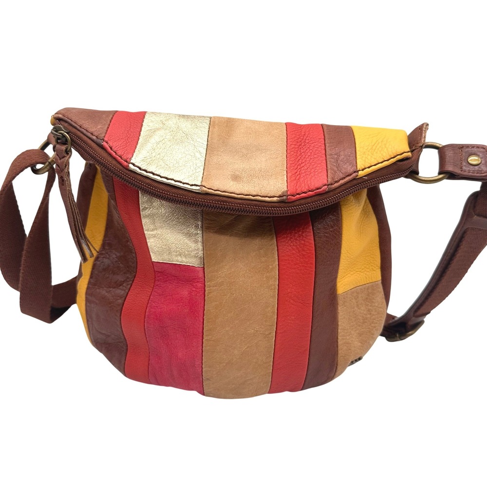 The Sak Leather Patchwork Crossbody Bag Multi Color Boho Striped Messenger